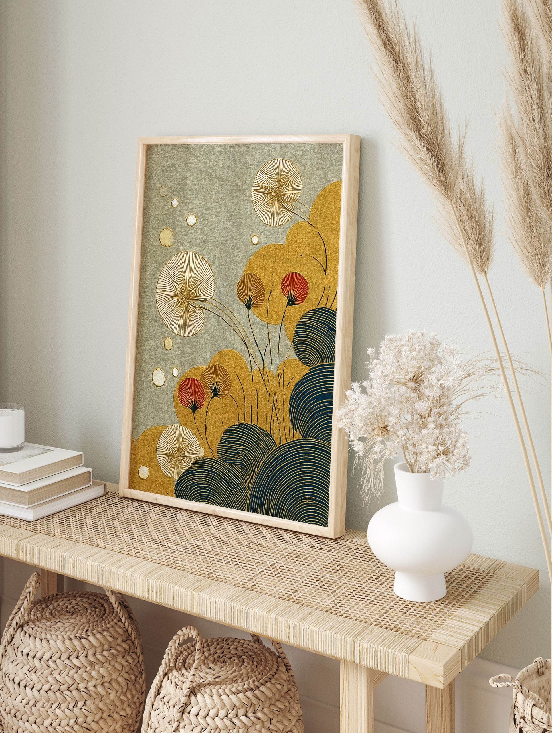 Japanese botanical wall art print with gold ginkgo leaves, red flowers, and blue wave patterns on a textured sage background. - Image 3