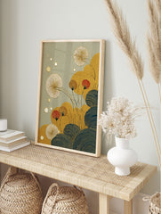 Japanese botanical wall art print with gold ginkgo leaves, red flowers, and blue wave patterns on a textured sage background. - Image 3