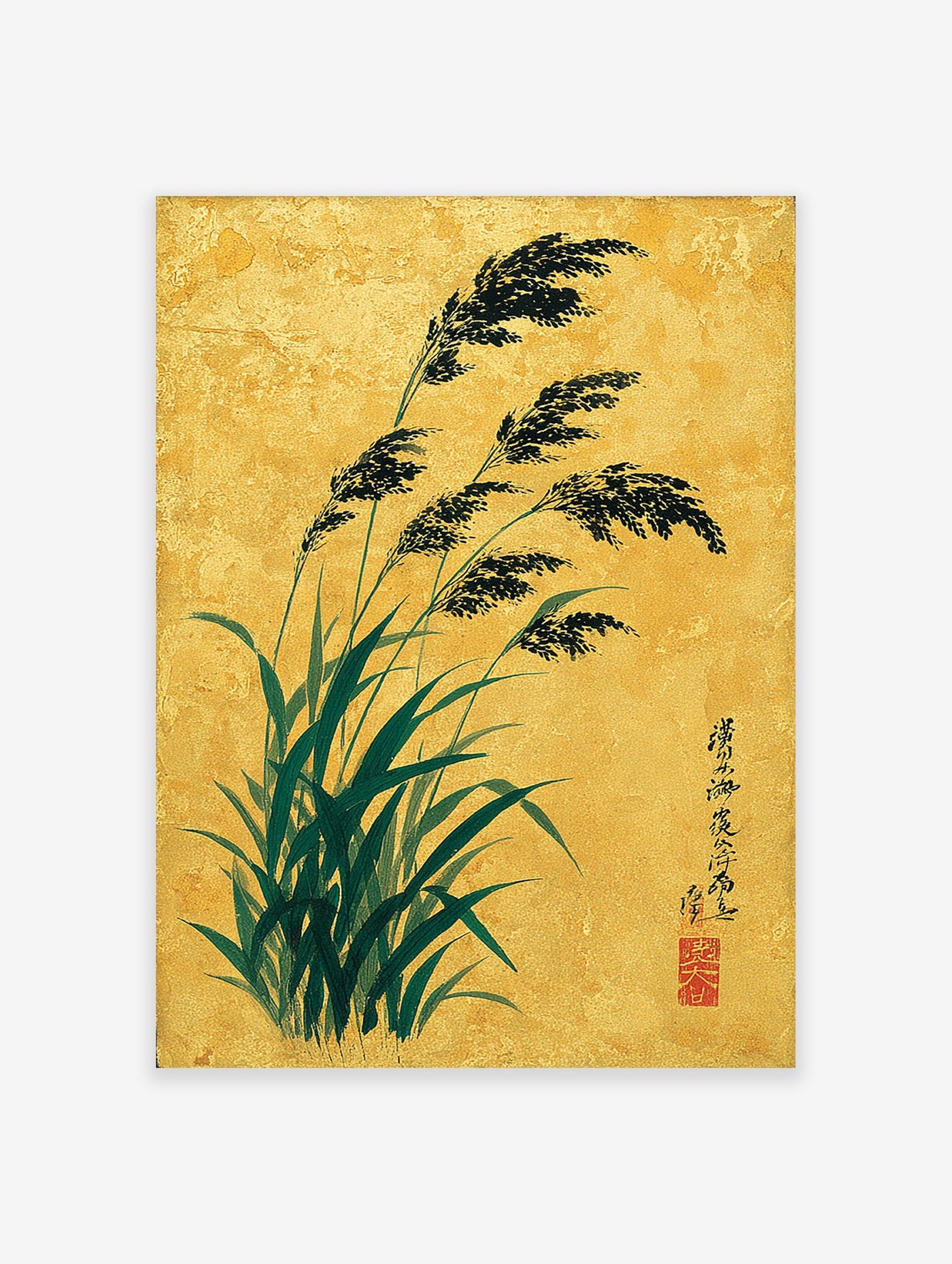 Japanese botanical wall art featuring dark green reeds with black plumes against a textured golden background