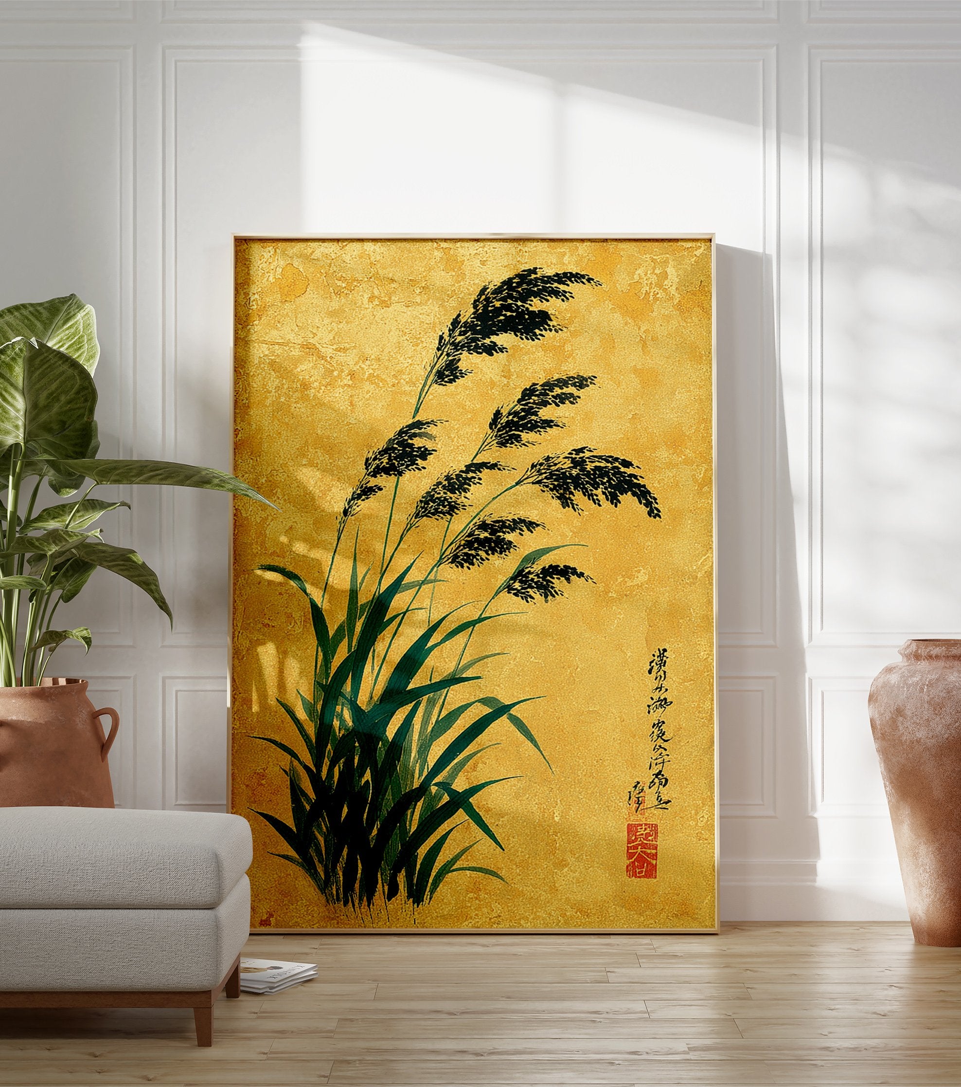 Japanese botanical wall art featuring dark green reeds with black plumes against a textured golden background - Image 3