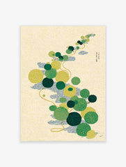 Japanese botanical art print with green and yellow pond flora, blue waves, and golden vine on a light background