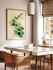 Japanese botanical art print with green and yellow pond flora, blue waves, and golden vine on a, in a styled room mockup