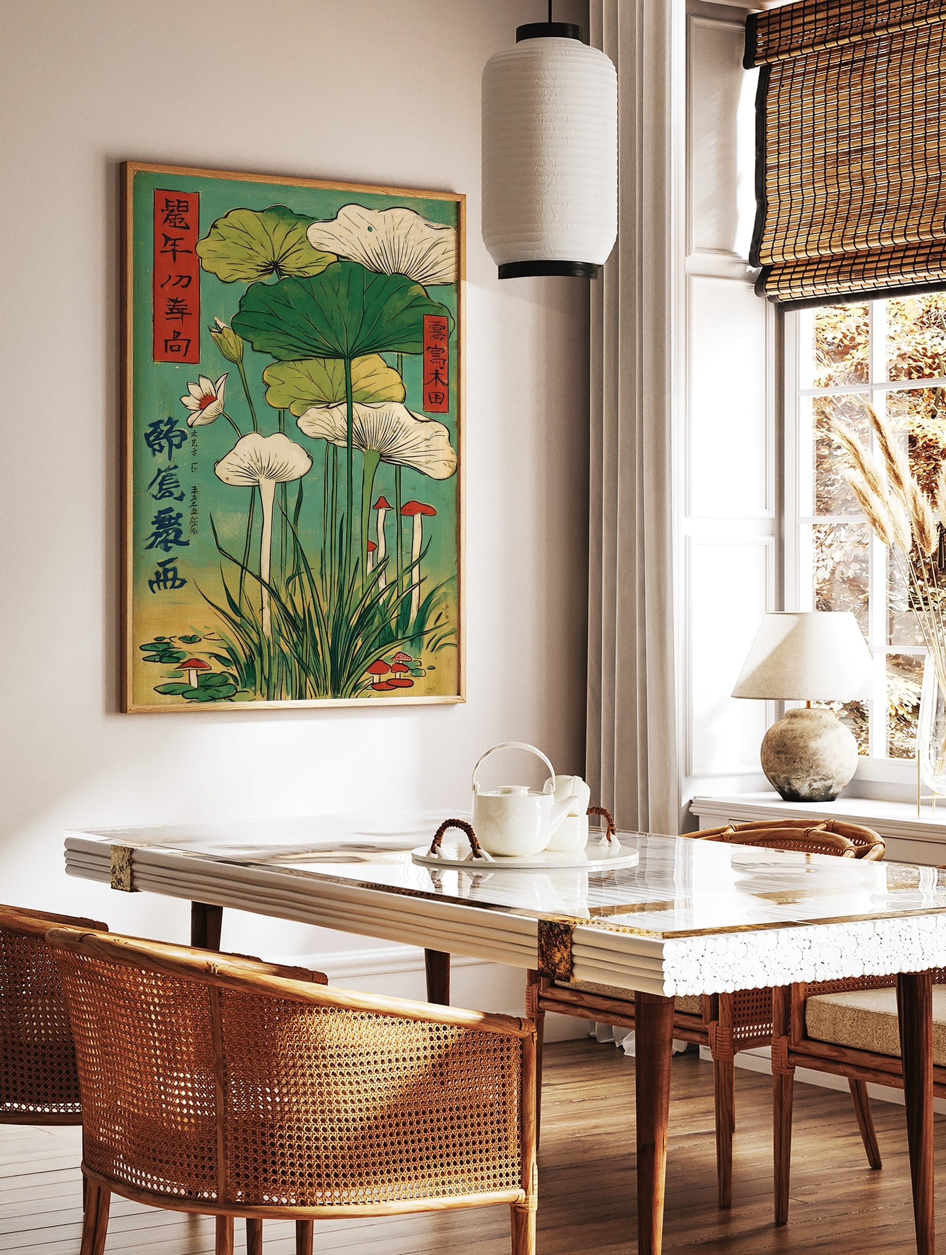 Japanese botanical print with white and green lotus leaves, white and red mushrooms, and Japanese, in a styled room mockup