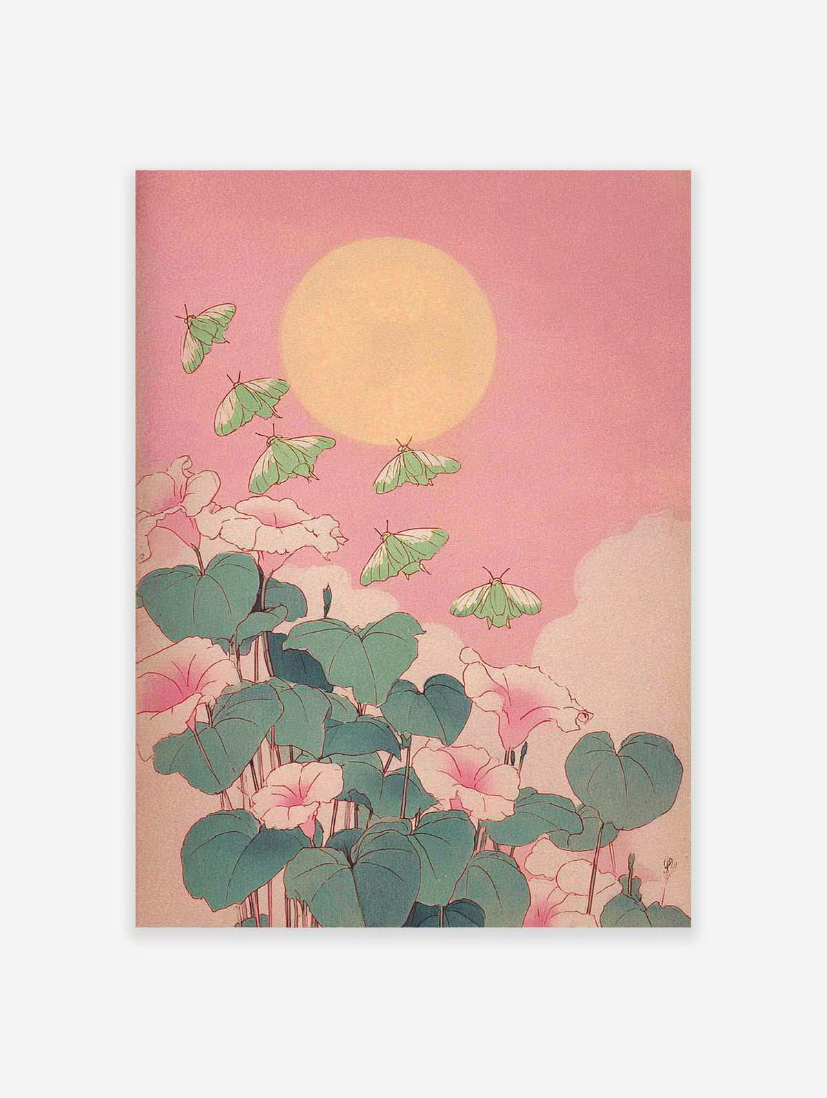 Japanese botanical wall art print with green luna moths flying around pink flowers and green leaves under a yellow sun or moon.