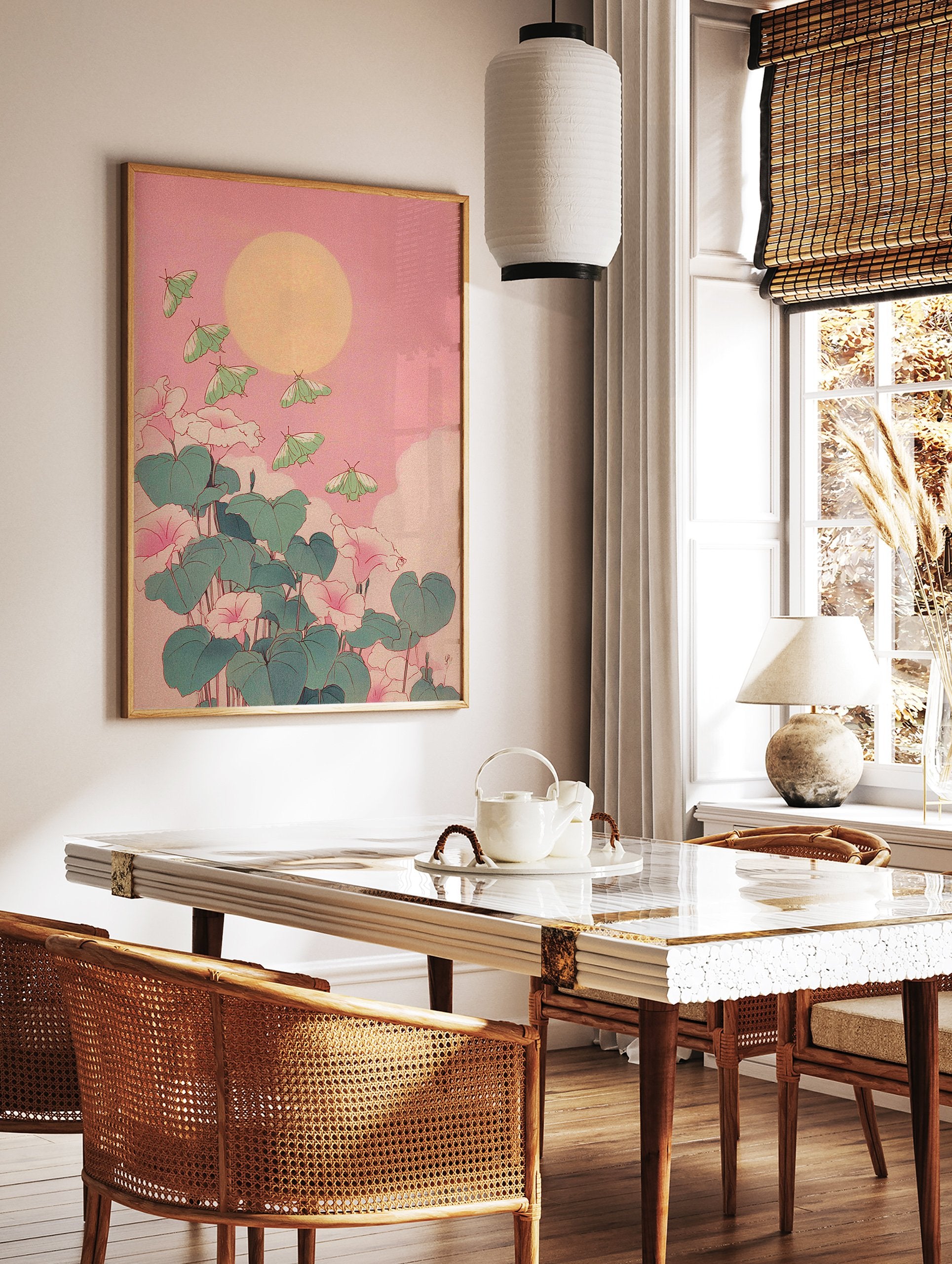 Japanese botanical wall art print with green luna moths flying around pink flowers and green leaves under a yellow sun or moon. - Image 2