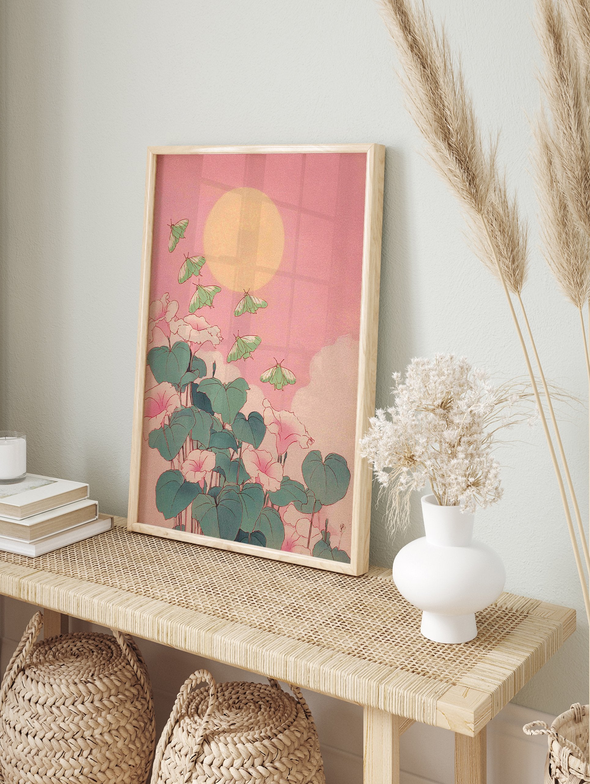 Japanese botanical wall art print with green luna moths flying around pink flowers and green leaves under a yellow sun or moon. - Image 3