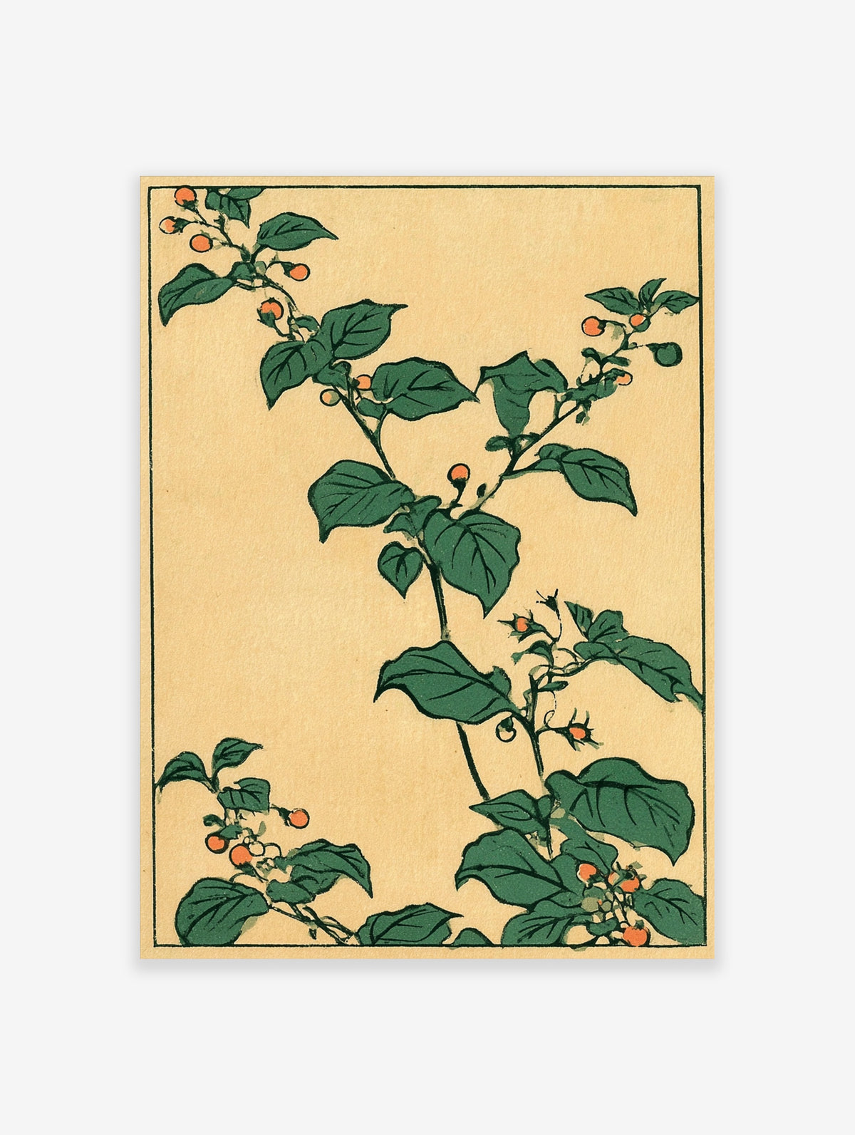 Japanese botanical art print featuring green leaves and orange berries on a tan background