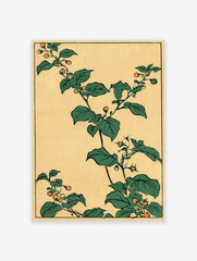 Japanese botanical art print featuring green leaves and orange berries on a tan background