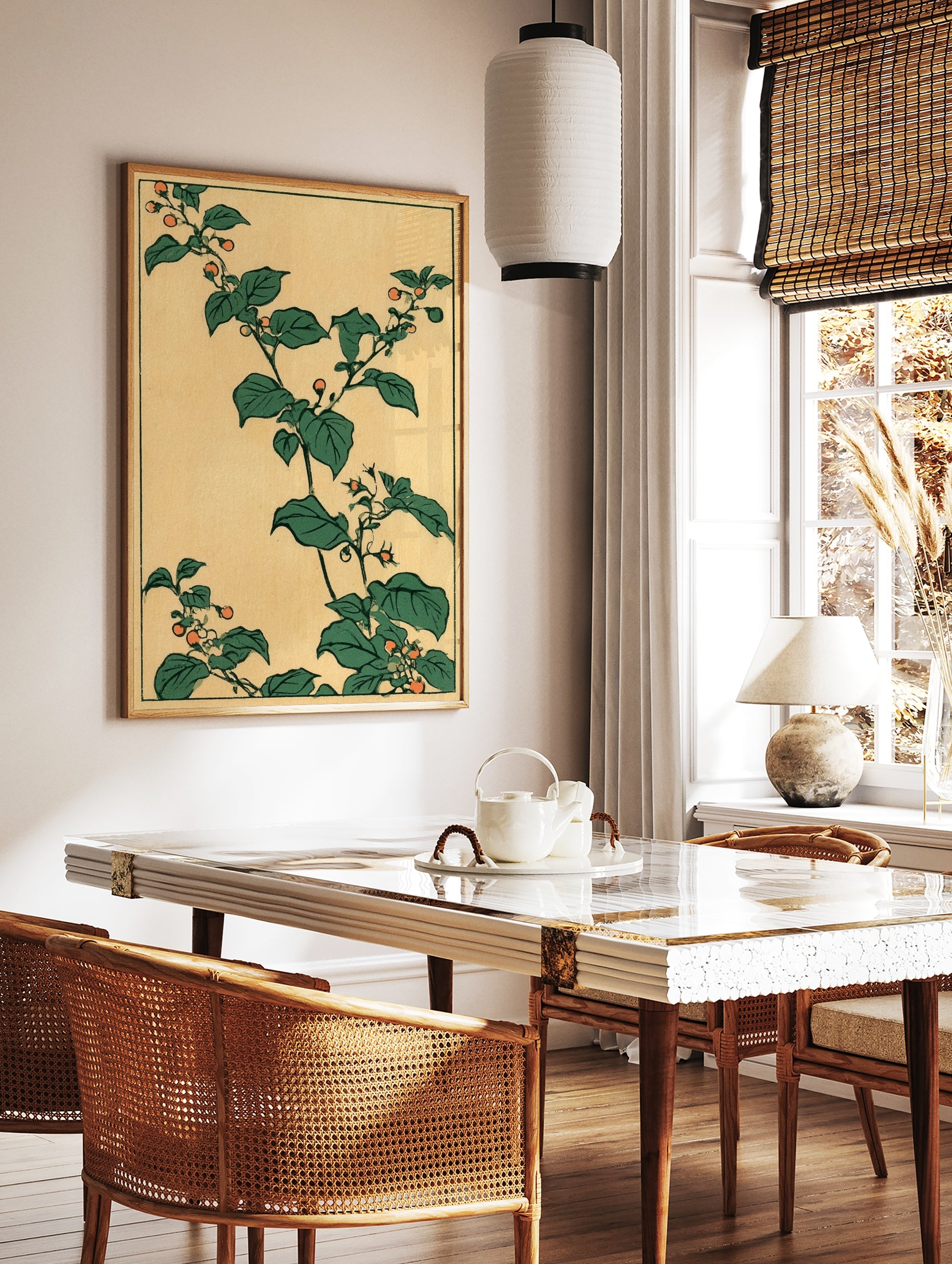 Japanese botanical art print featuring green leaves and orange berries on a tan background, in a styled room mockup