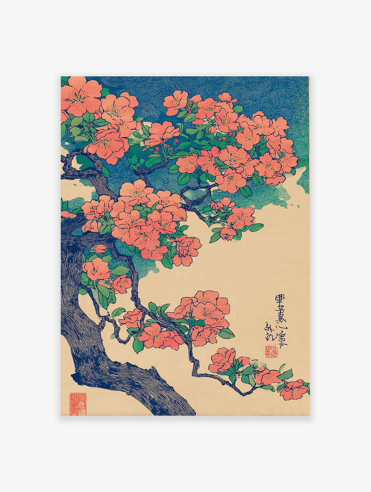 Japanese botanical wall art print with orange flowers and green leaves on a branch against a blue wave pattern.