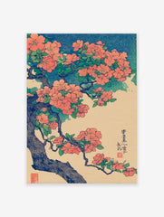Japanese botanical wall art print with orange flowers and green leaves on a branch against a blue wave pattern.