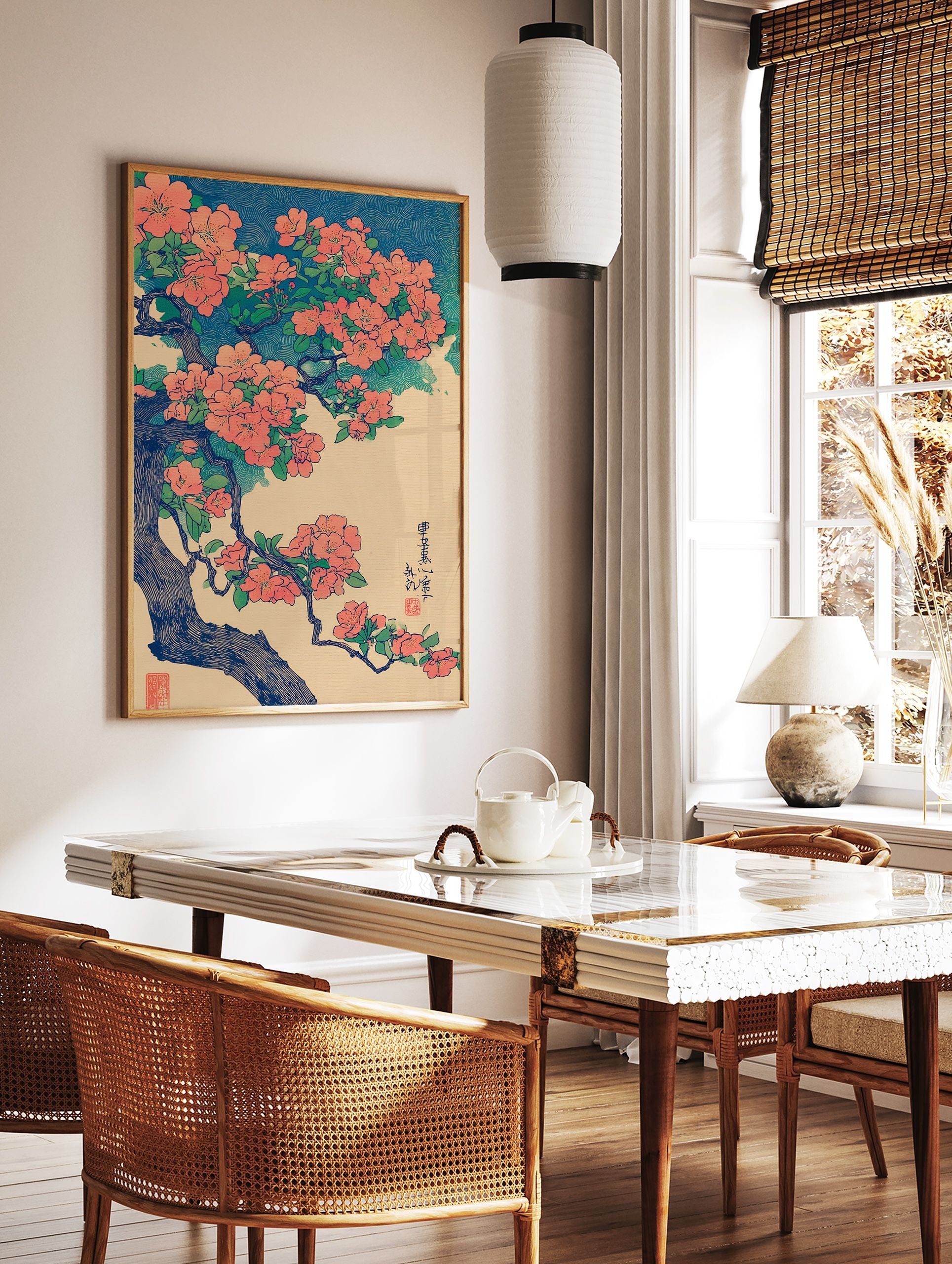 Japanese botanical wall art print with orange flowers and green leaves on a branch against a blue wave pattern. - Image 2