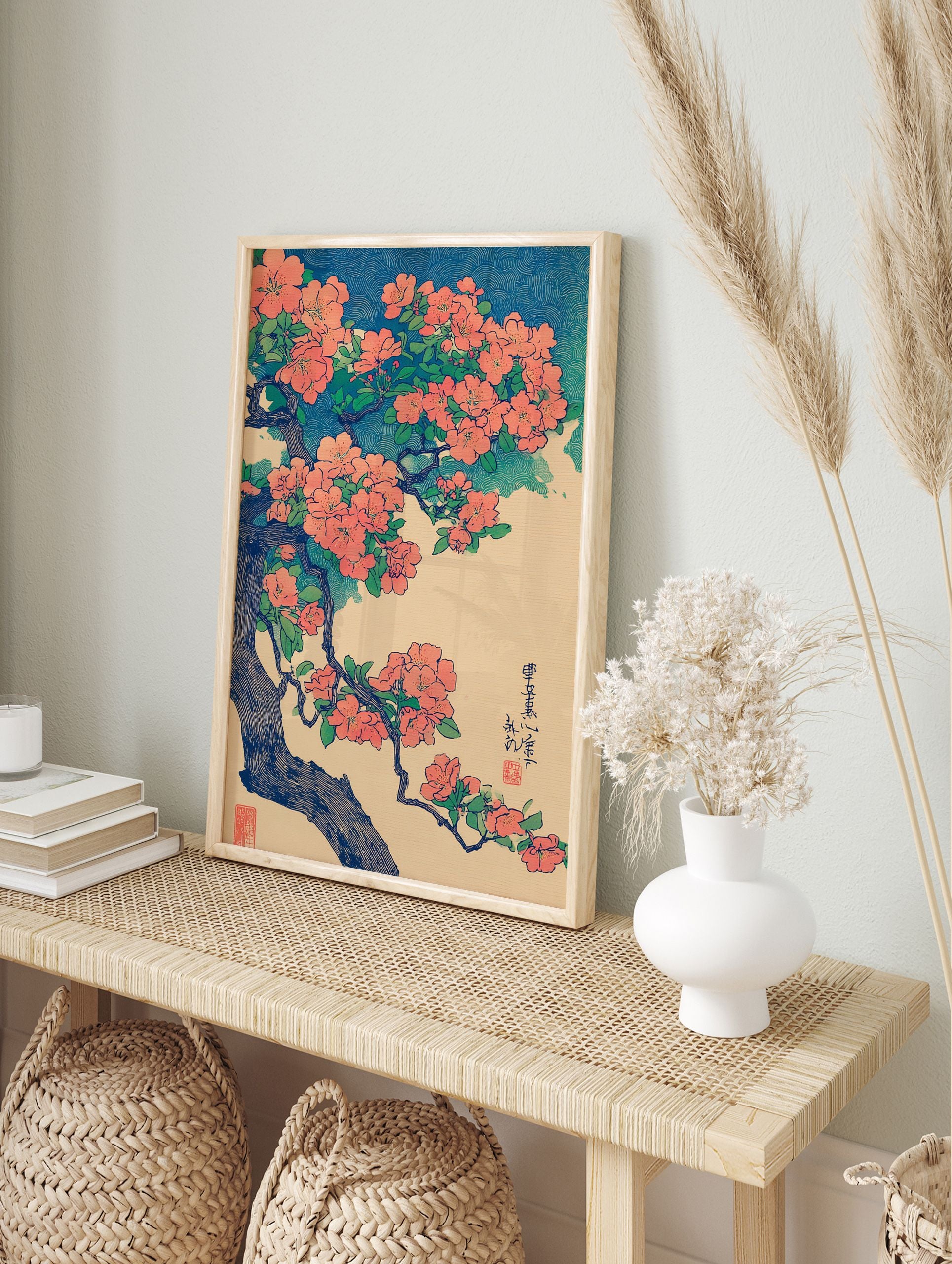 Japanese botanical wall art print with orange flowers and green leaves on a branch against a blue wave pattern. - Image 3