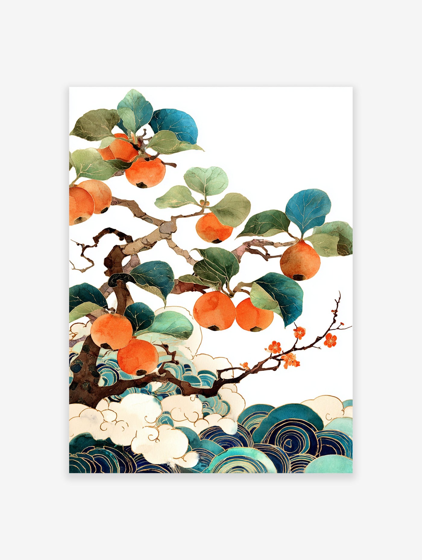 Japanese botanical art print featuring a persimmon tree with orange fruits, green leaves, white clouds, and blue waves.