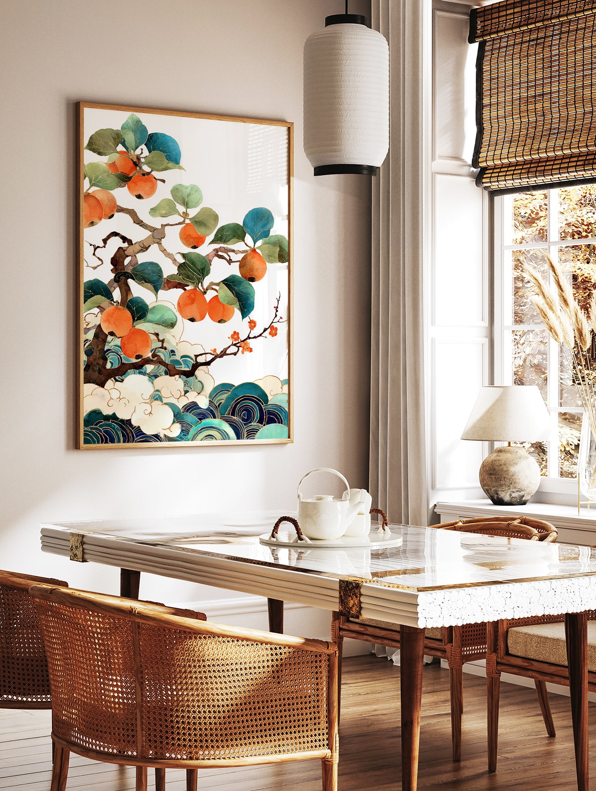 Japanese botanical art print featuring a persimmon tree with orange fruits, green leaves, white clouds, and blue waves. - Image 2