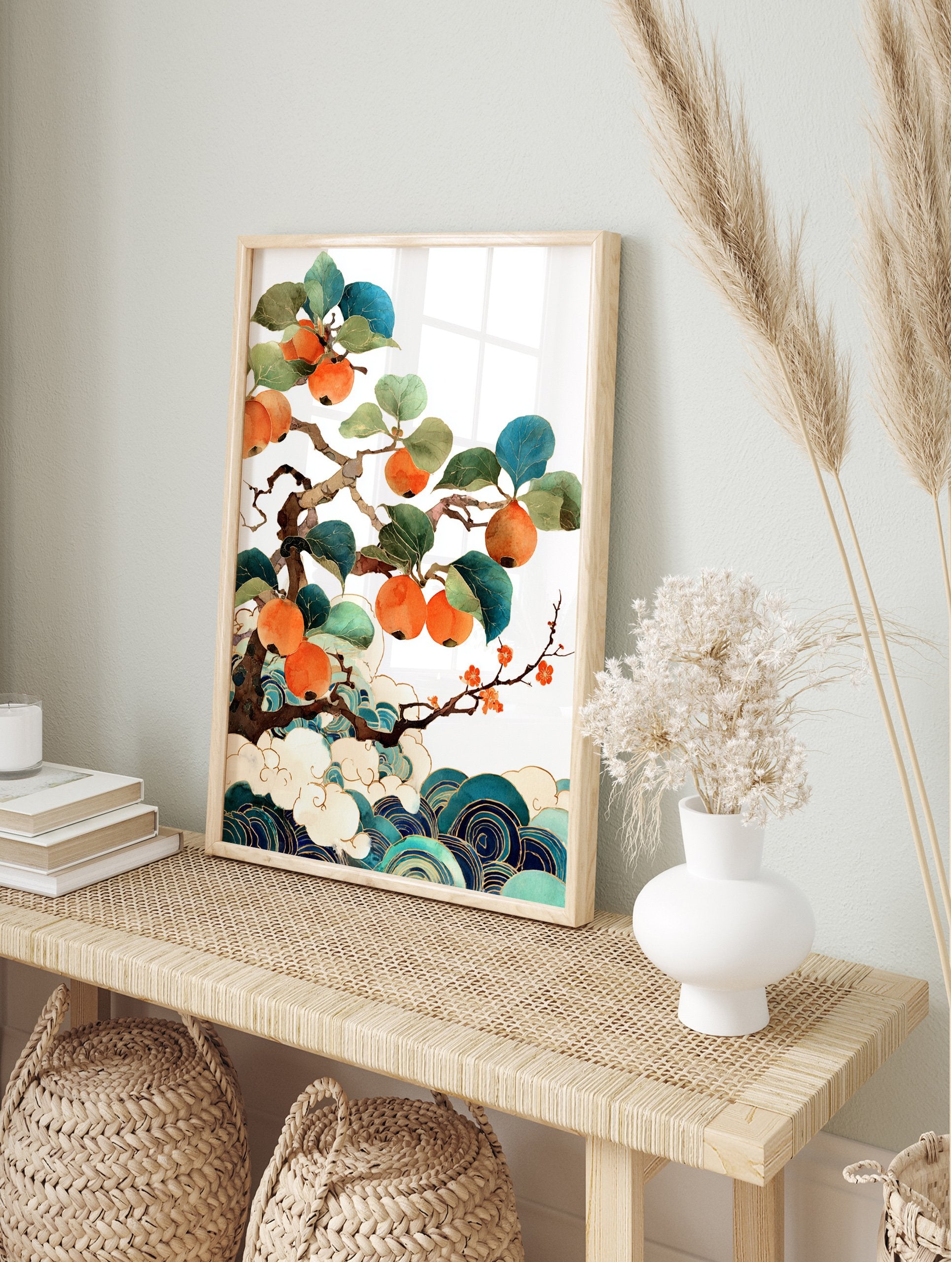 Japanese botanical art print featuring a persimmon tree with orange fruits, green leaves, white clouds, and blue waves. - Image 3