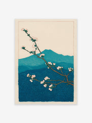 Japanese woodblock print of plum blossoms on a branch with blue mountains in the background. Botanical wall art.