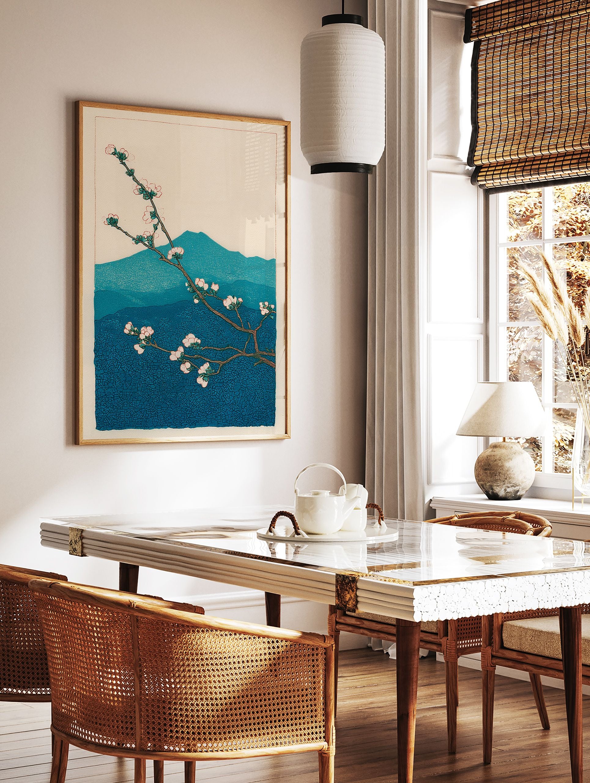 Japanese woodblock print of plum blossoms on a branch with blue mountains in the background. Botanical wall art. - Image 2