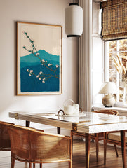 Japanese woodblock print of plum blossoms on a branch with blue mountains in the background. Botanical wall art. - Image 2