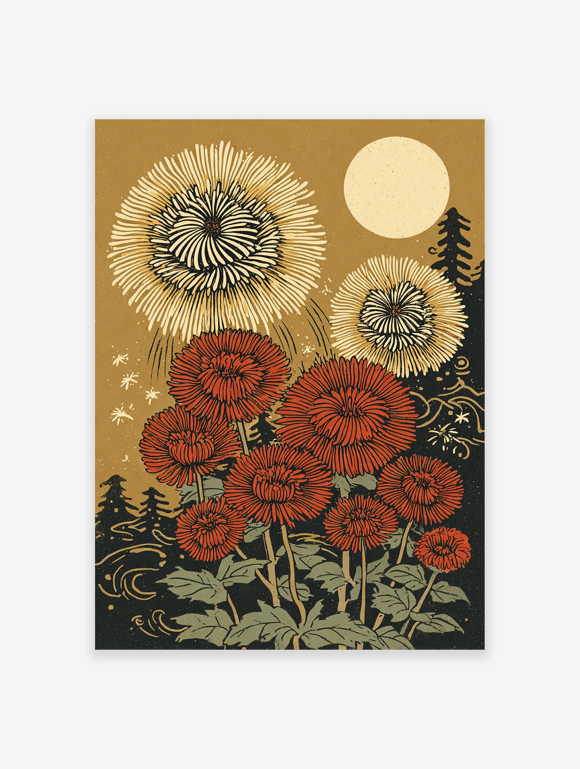 Japanese botanical wall art print with red and gold chrysanthemum flowers, a large moon, and dark trees at night.