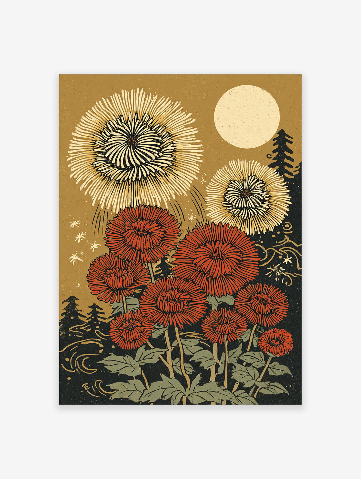 Japanese botanical wall art print with red and gold chrysanthemum flowers, a large moon, and dark trees at night.