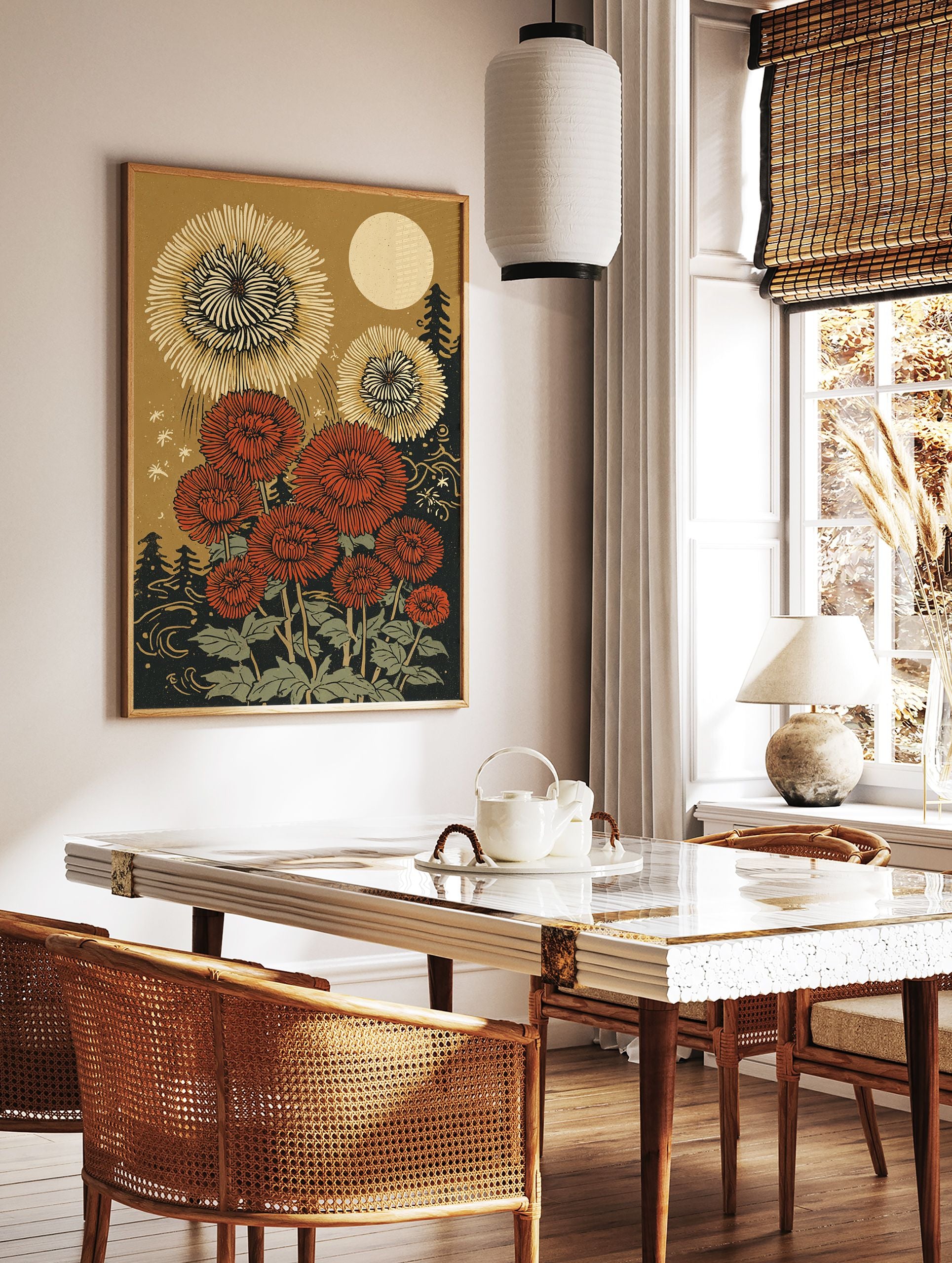 Japanese botanical wall art print with red and gold chrysanthemum flowers, a large moon, and dark trees at night. - Image 2