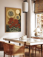 Japanese botanical wall art print with red and gold chrysanthemum flowers, a large moon, and dark trees at night. - Image 2