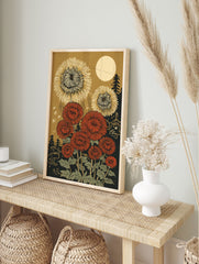 Japanese botanical wall art print with red and gold chrysanthemum flowers, a large moon, and dark trees at night. - Image 3