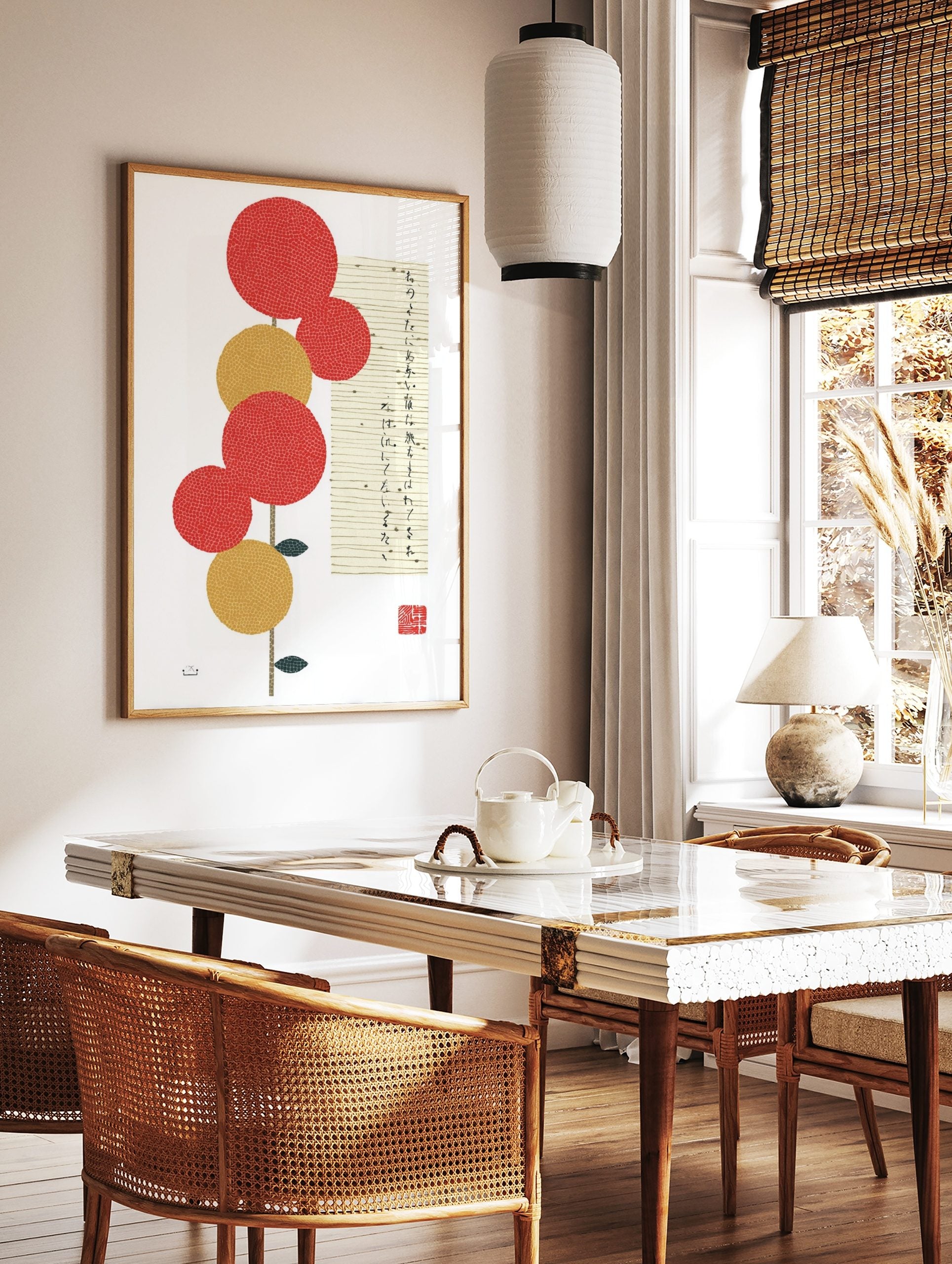 Japanese botanical art print with red and gold textured circles, stem, leaves, and vertical, in a styled room mockup