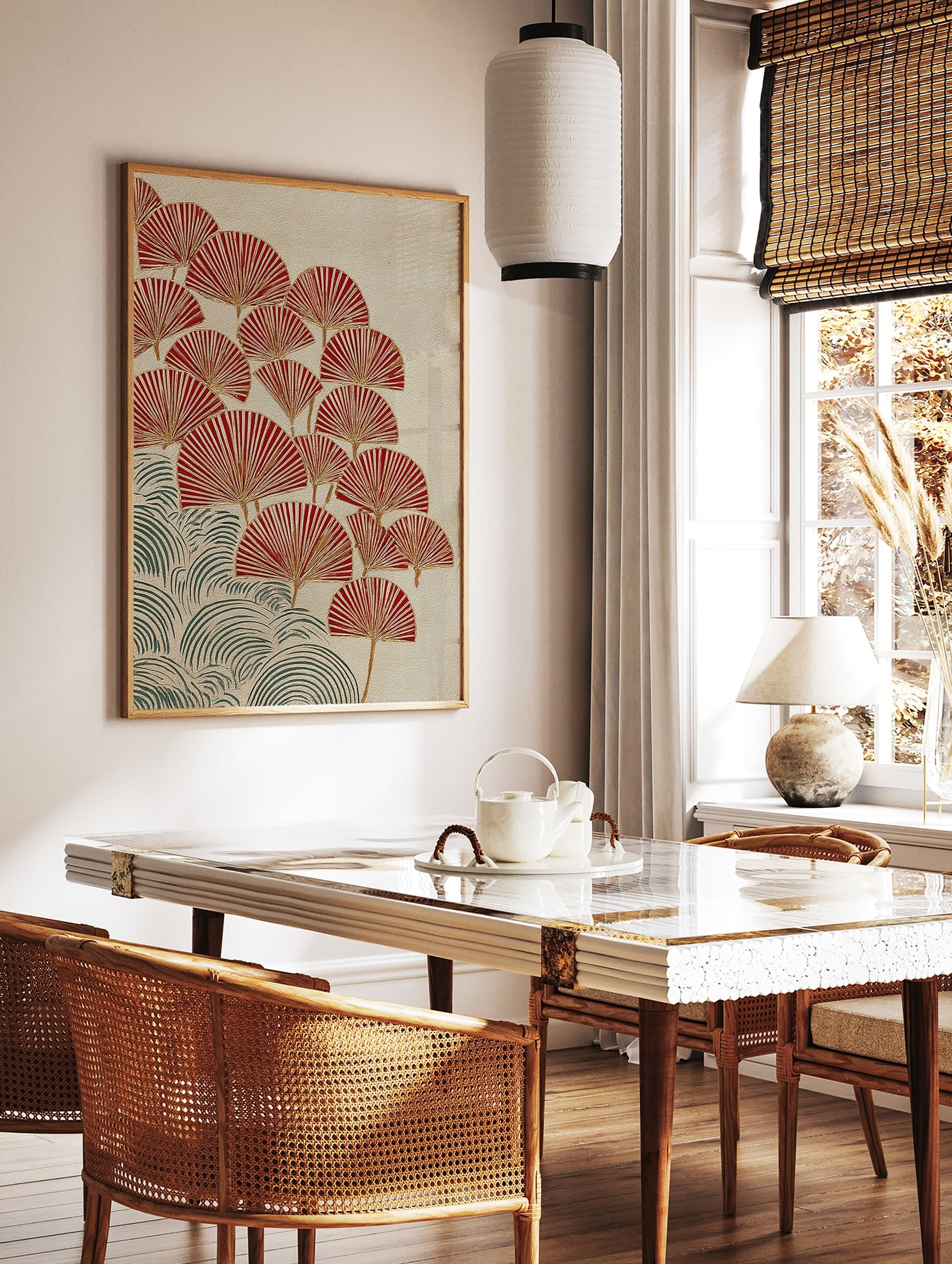 Japanese botanical art print with red fan-shaped leaves and green wave patterns on a textured beige background - Image 2
