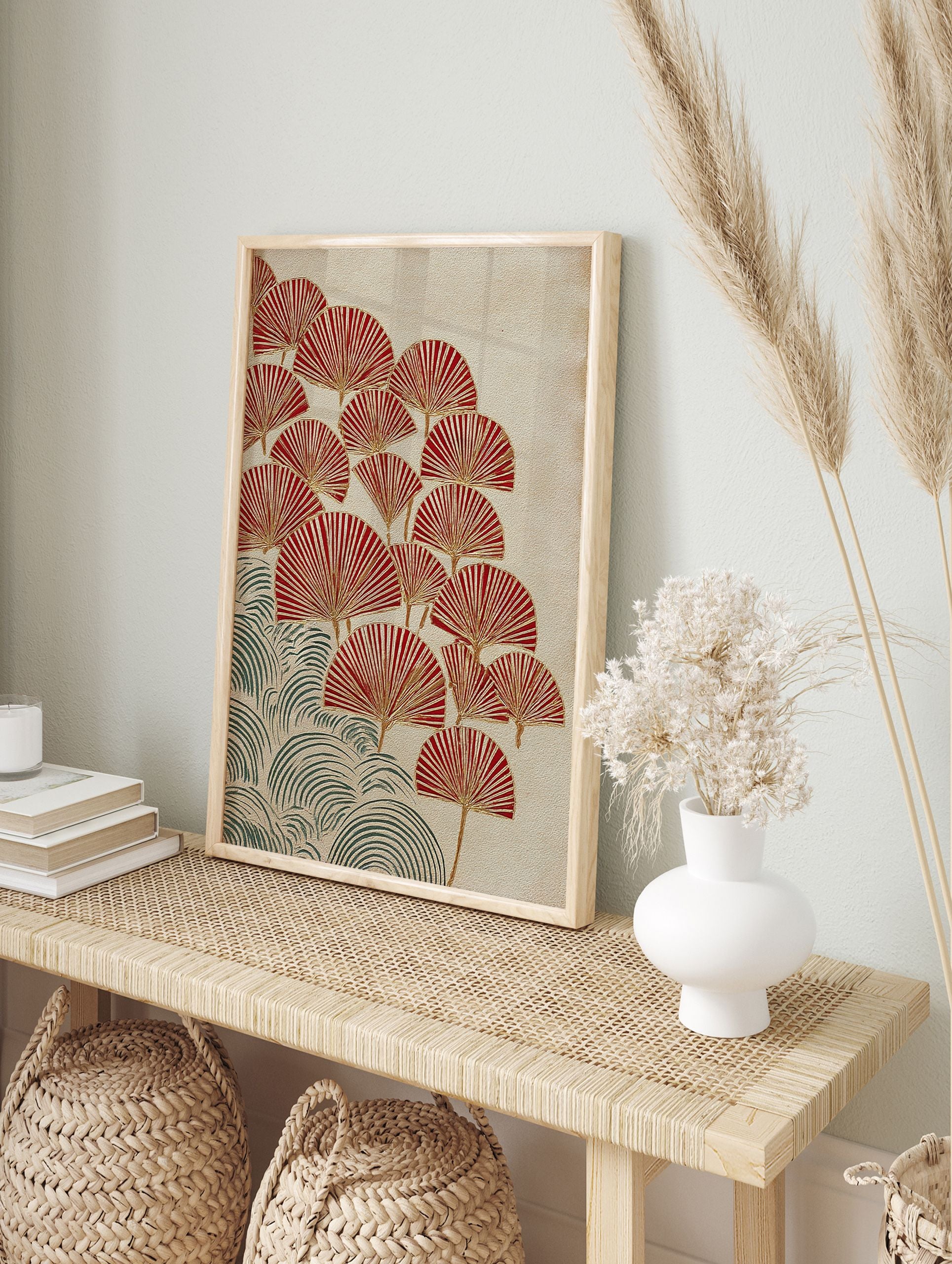 Japanese botanical art print with red fan-shaped leaves and green wave patterns on a textured beige background - Image 3