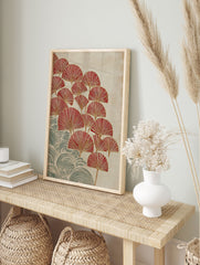 Japanese botanical art print with red fan-shaped leaves and green wave patterns on a textured beige background - Image 3