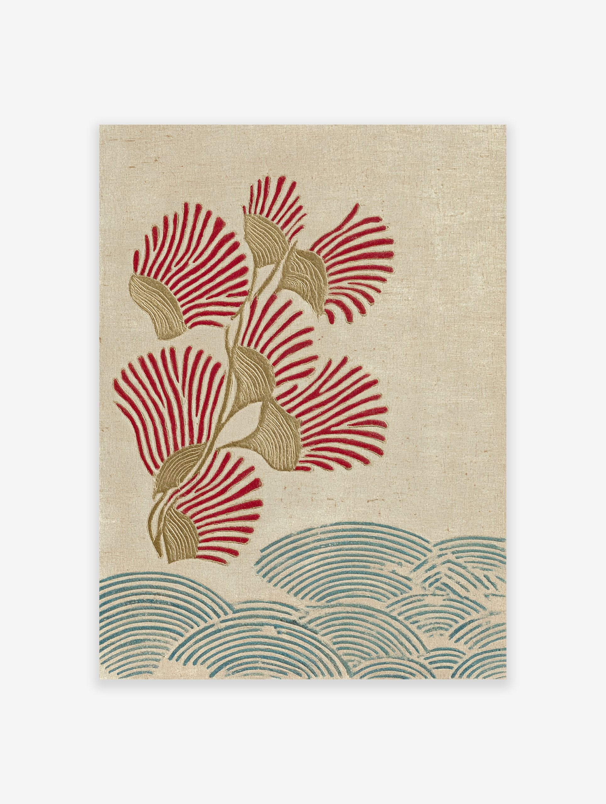 Japanese botanical wall art print with red fan flowers, golden stems, and blue wave patterns on a textured beige background.