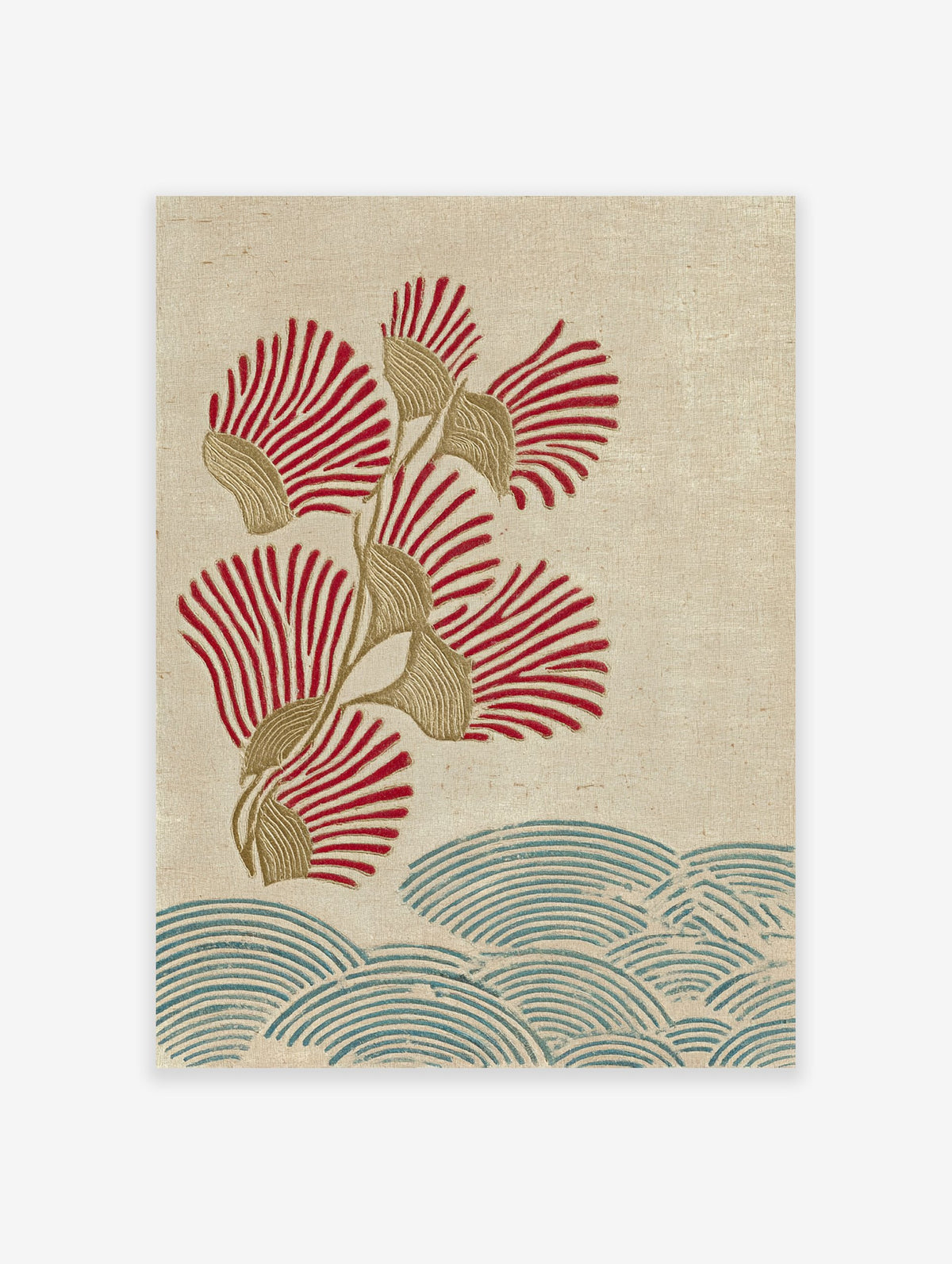 Japanese botanical wall art print with red fan flowers, golden stems, and blue wave patterns on a textured beige background.