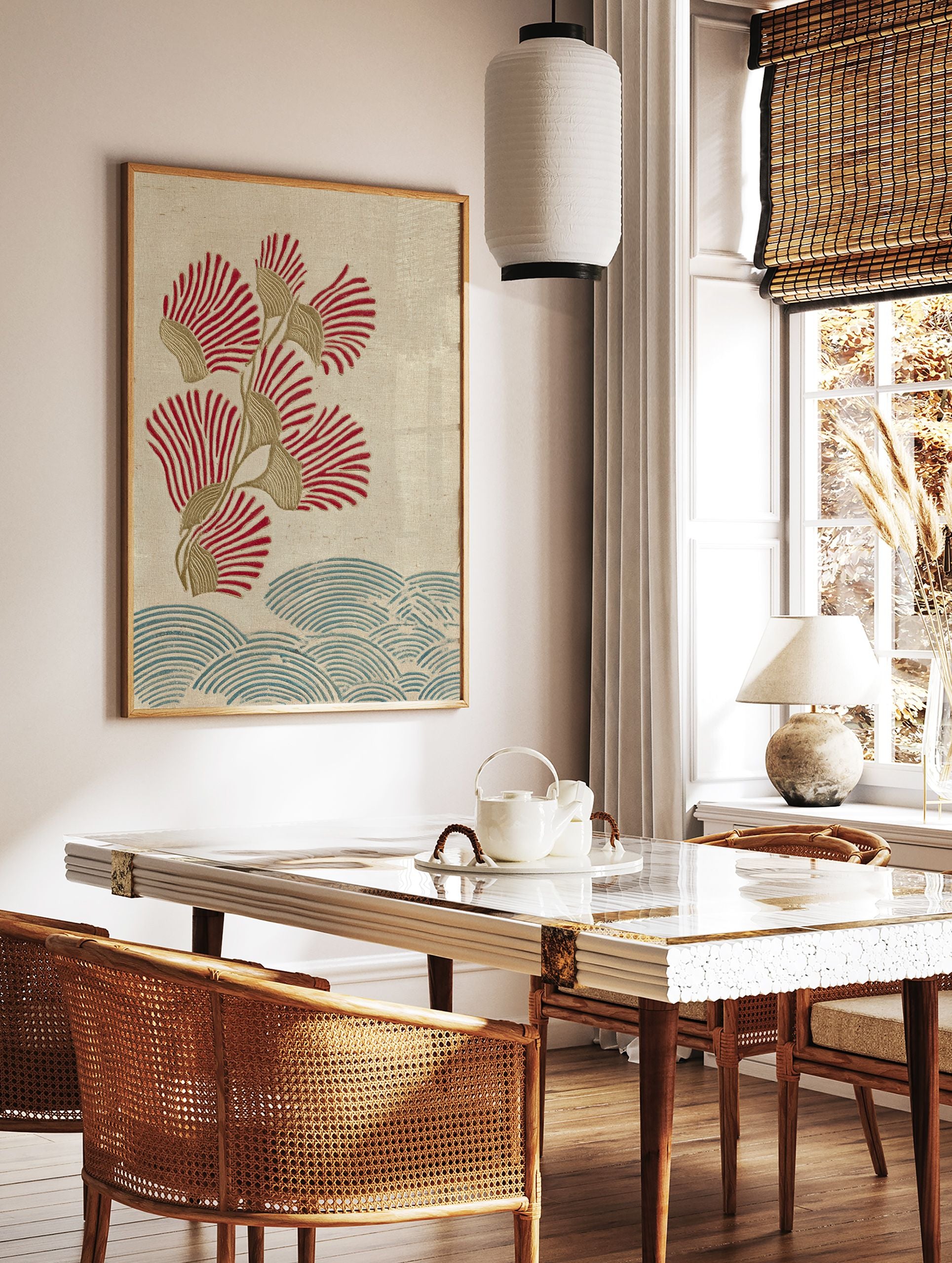 Japanese botanical wall art print with red fan flowers, golden stems, and blue wave patterns on a textured beige background. - Image 2