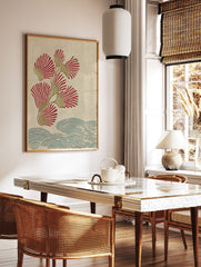Japanese botanical wall art print with red fan flowers, golden stems, and blue wave patterns on a textured beige background. - Image 2