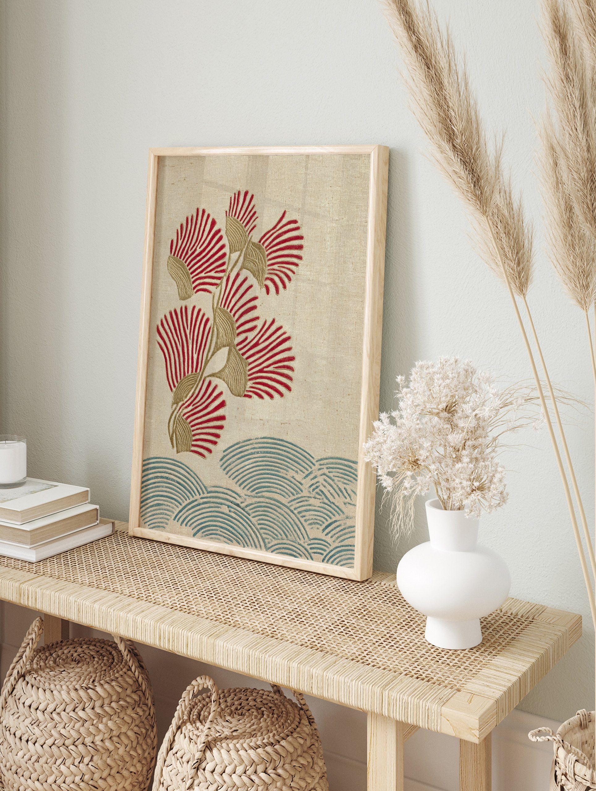 Japanese botanical wall art print with red fan flowers, golden stems, and blue wave patterns on a textured beige background. - Image 3
