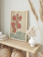 Japanese botanical wall art print with red fan flowers, golden stems, and blue wave patterns on a textured beige background. - Image 3