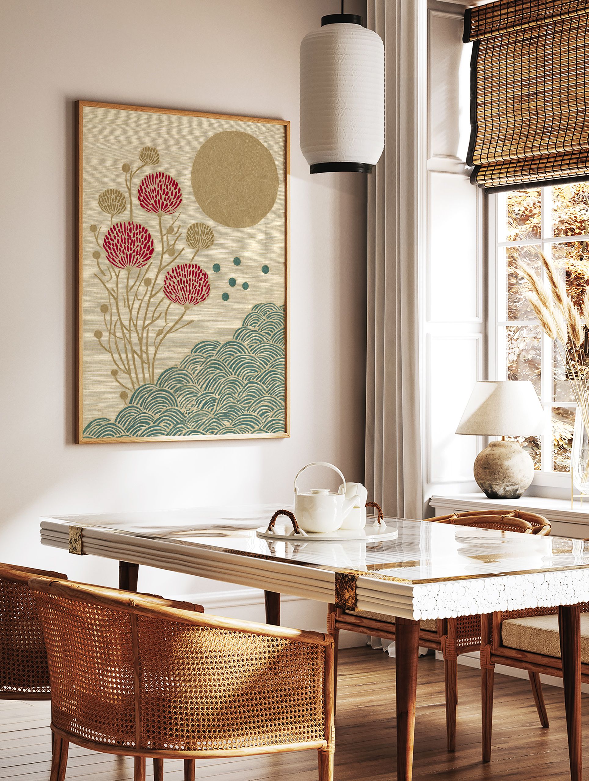 Japanese botanical wall art with red flowers, gold sun, and teal waves on a textured beige background. - Image 2