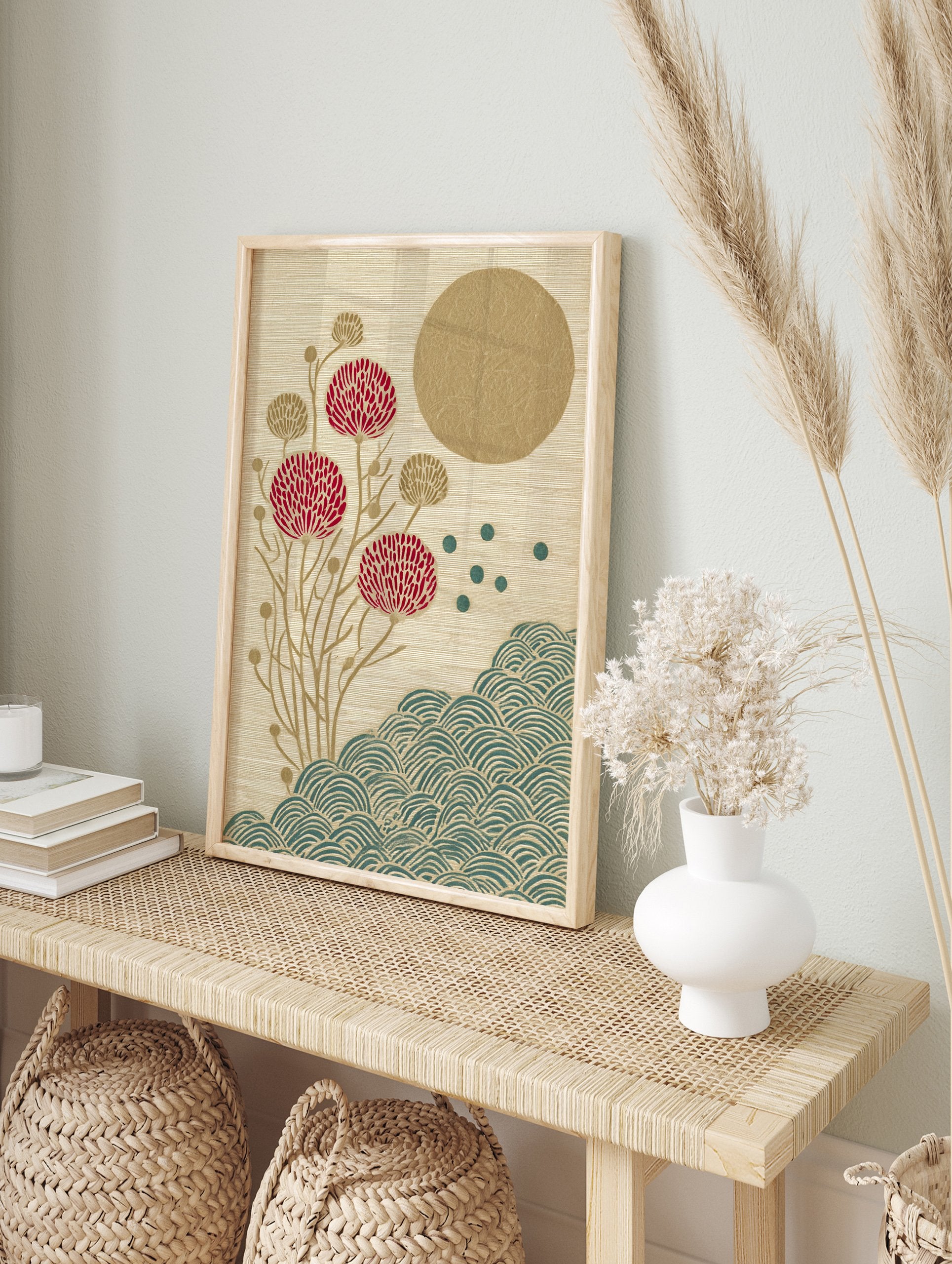 Japanese botanical wall art with red flowers, gold sun, and teal waves on a textured beige background. - Image 3