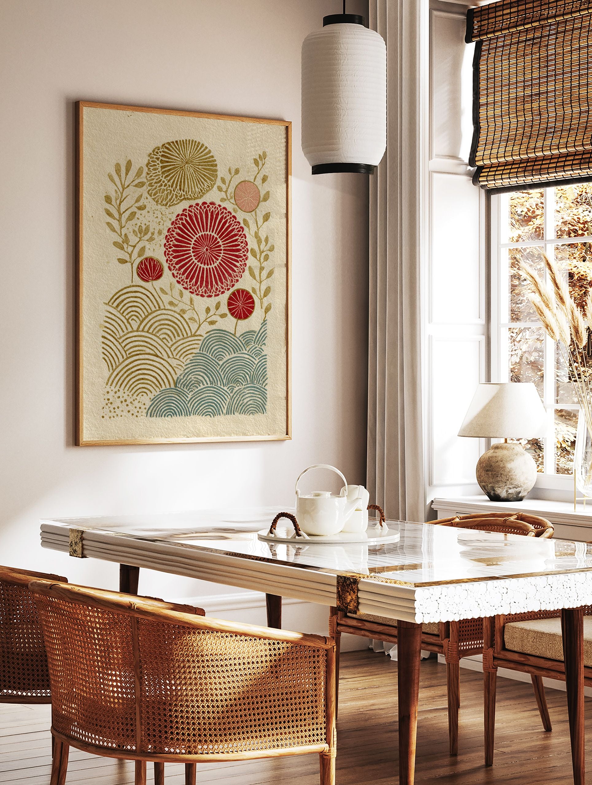 Japanese botanical wall art print with red, gold, and teal stylized flowers and wave patterns on a textured beige background. - Image 2