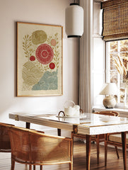 Japanese botanical wall art print with red, gold, and teal stylized flowers and wave patterns on a textured beige background. - Image 2