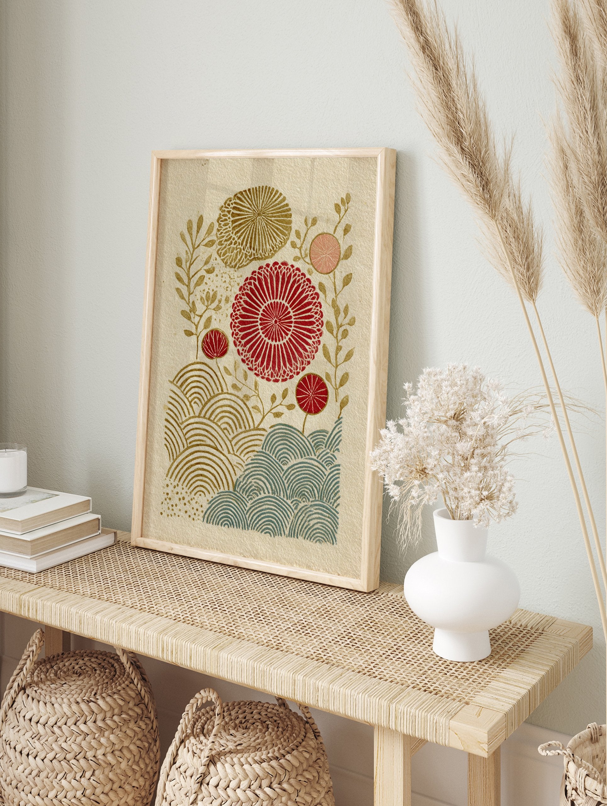 Japanese botanical wall art print with red, gold, and teal stylized flowers and wave patterns on a textured beige background. - Image 3