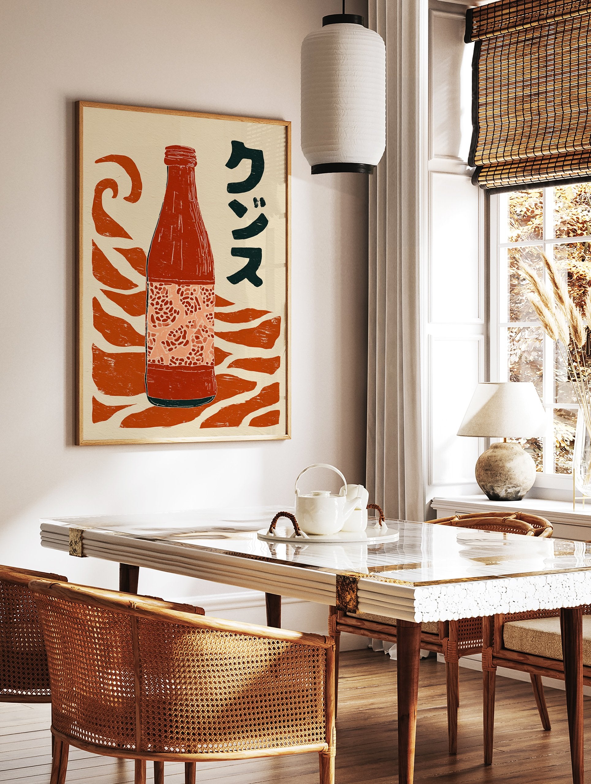 Japanese bottle art print with red bottle, orange wavy patterns, and black Katakana script on a cream background. - Image 3