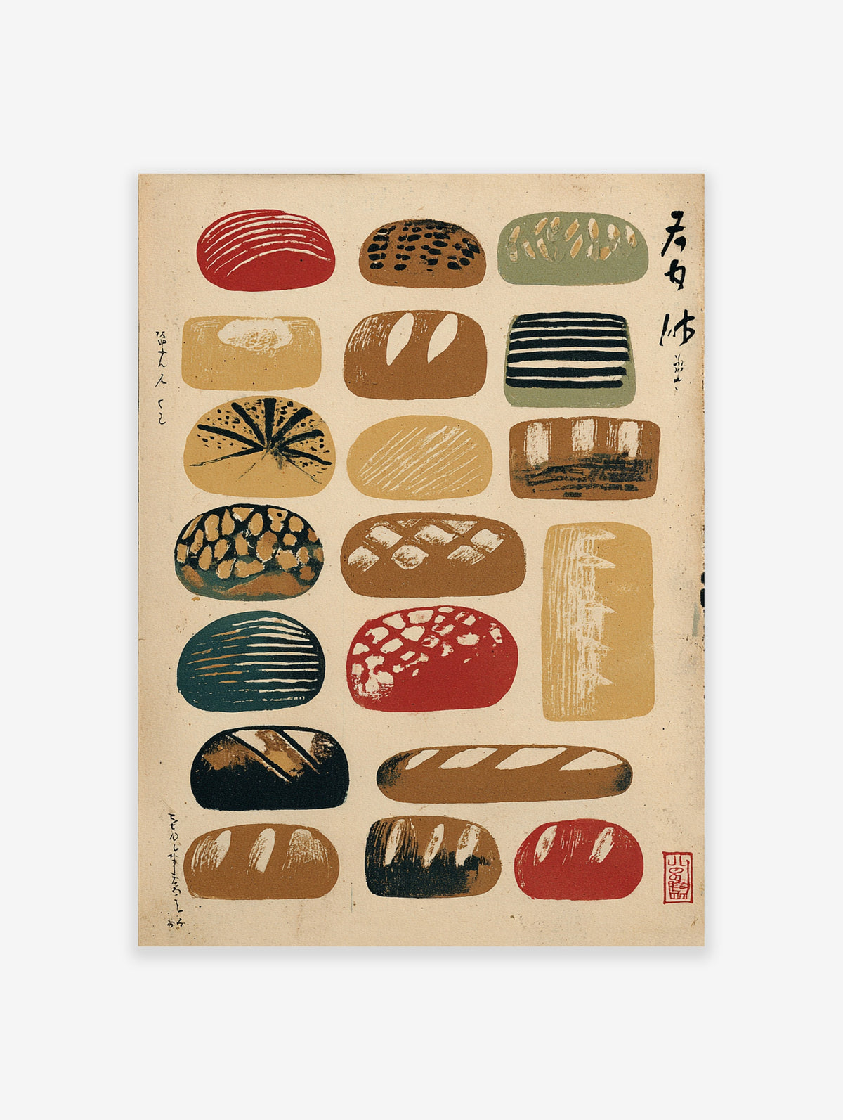 Japanese bread poster with fifteen woodblock-style loaves in red, green, brown and cream on a cream background