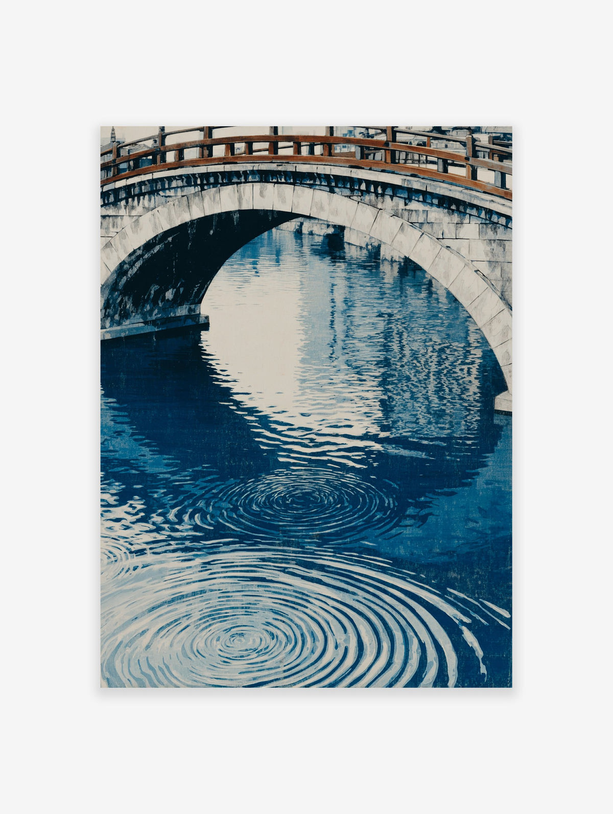 Japanese Bridge Poster with a stone arch bridge over blue water featuring prominent ripples, in an illustrative style.