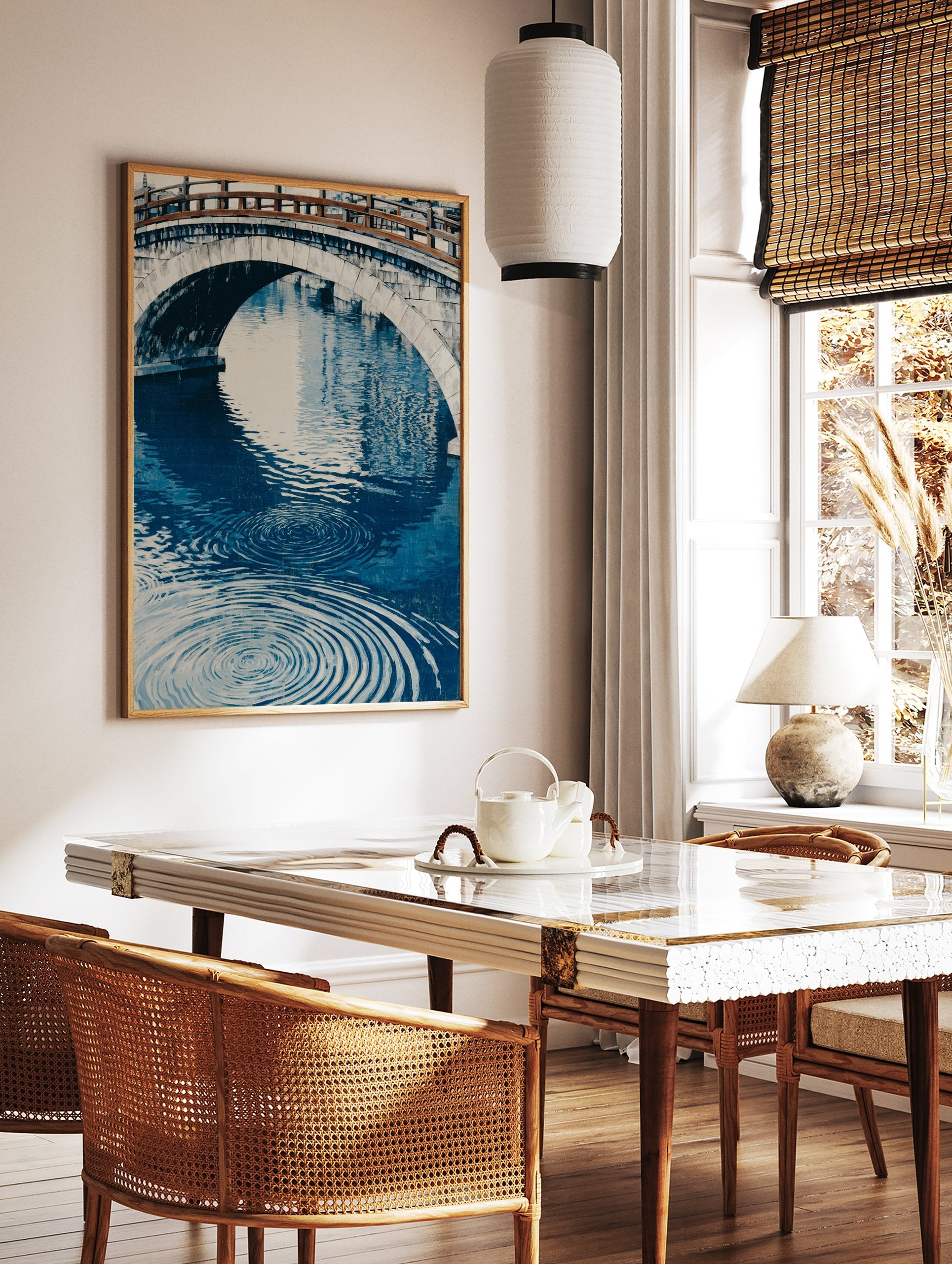 Japanese Bridge Poster with a stone arch bridge over blue water featuring prominent ripples, in an illustrative style. - Image 2