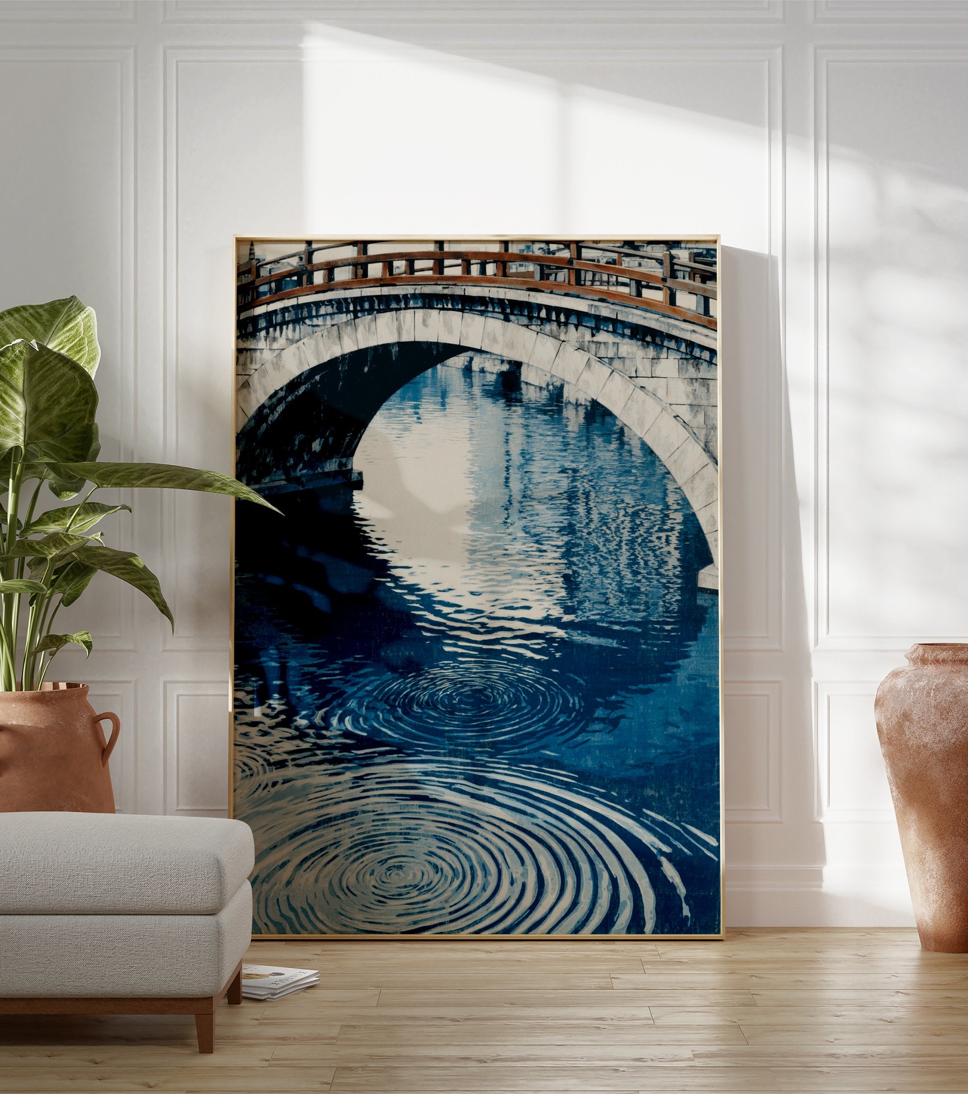 Japanese Bridge Poster with a stone arch bridge over blue water featuring prominent ripples, in an illustrative style. - Image 3