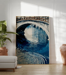 Japanese Bridge Poster with a stone arch bridge over blue water featuring prominent ripples, in an illustrative style. - Image 3