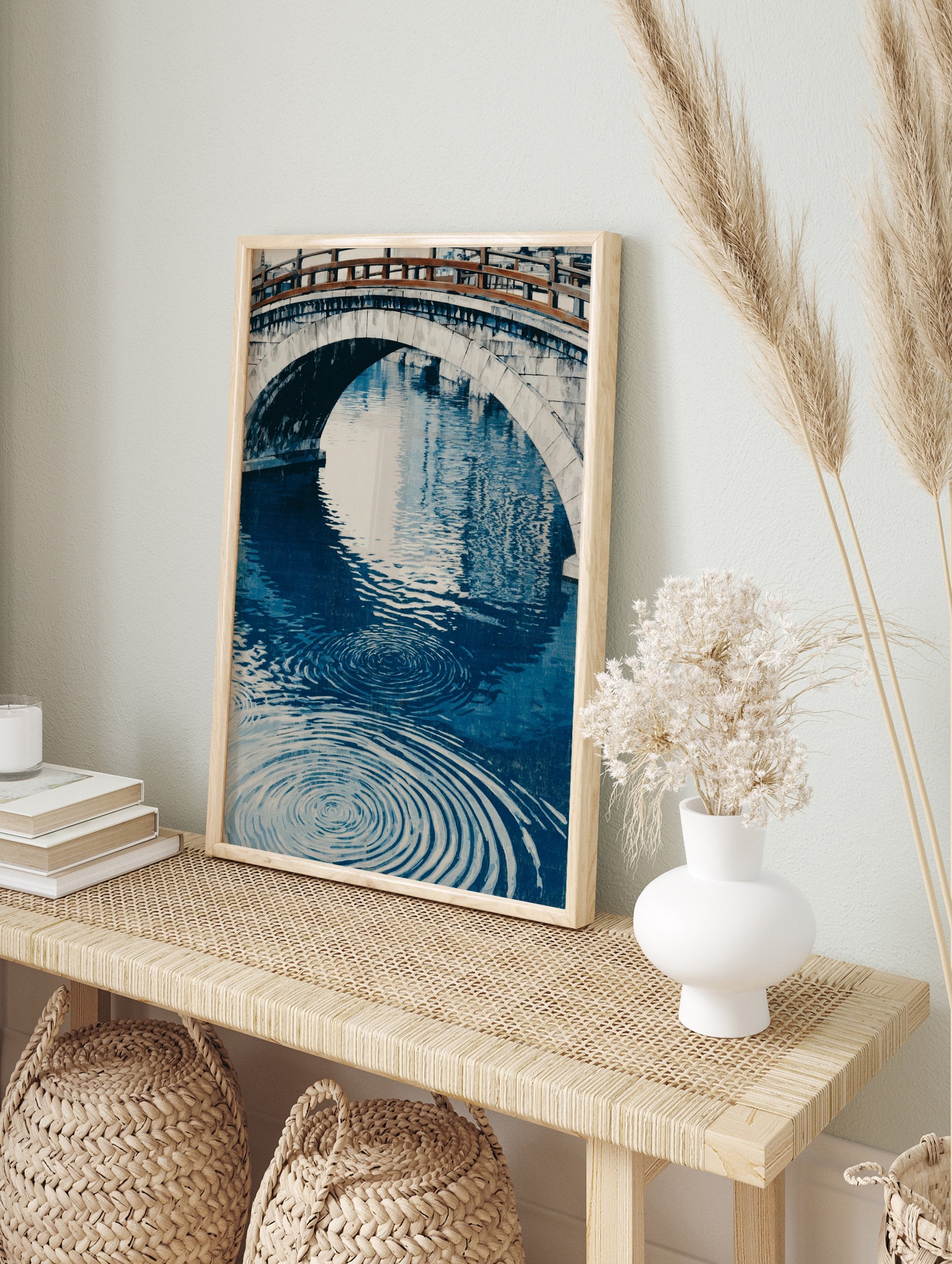 Japanese Bridge Poster with a stone arch bridge over blue water featuring prominent ripples, in an illustrative style. - Image 4